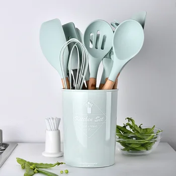 

11PCS Silicone Kitchenware Cooking Utensils Set Heat Resistant Non-Stick Wooden Handle Cooking Baking Kitchen Tools Cookware