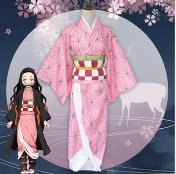 Full Set Demon Slayer Kimetsu no Yaiba Kamado Nezuko Cosplay Costume Kimono wig Geta Shoes