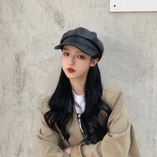 Korean Version of Pu Leather Hat Women Autumn and Winter England Octagonal Hat Tide Duck Tongue Painter Beret