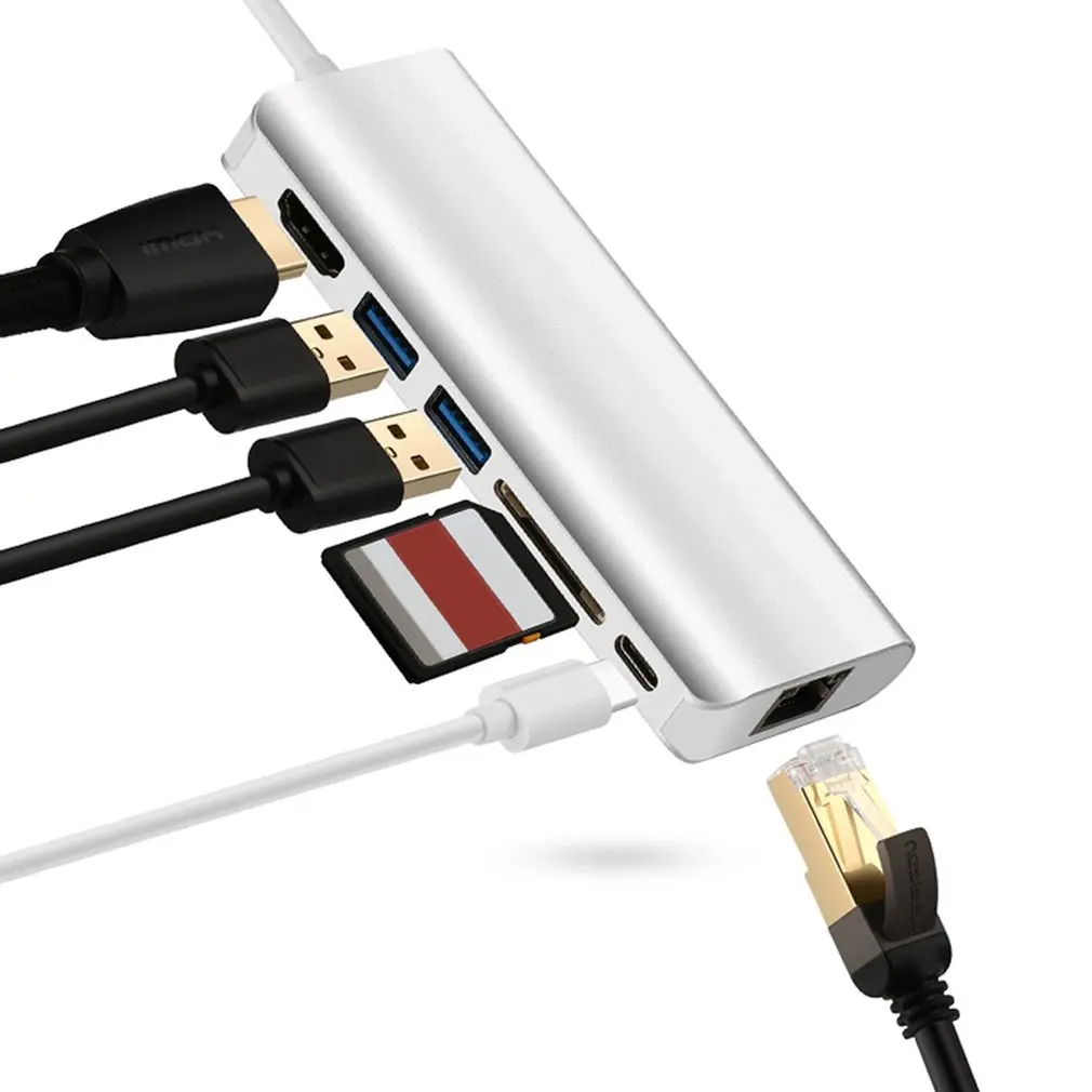 6 в 1 концентратор USB type C адаптер конвертер w/4 K HDMI, 1000M Enthernet RJ45 порт, type-C порт зарядки, SD кард-ридер и 2 USB 3,0