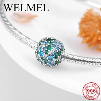 

Real 925 sterling silver charm blue green zircons Round Shape diy for clips beads Fit Original European Charm Bracelet Jewelry