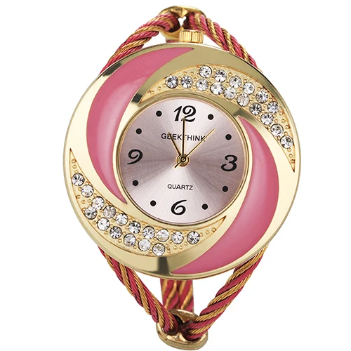Gold Pink GEEKTHINK брендовые Стразы в стиле вихря металлические плетеные часы Женское платье браслет для девушек кварцевые повседневные часы для женщин - Цвет: Gold Pink