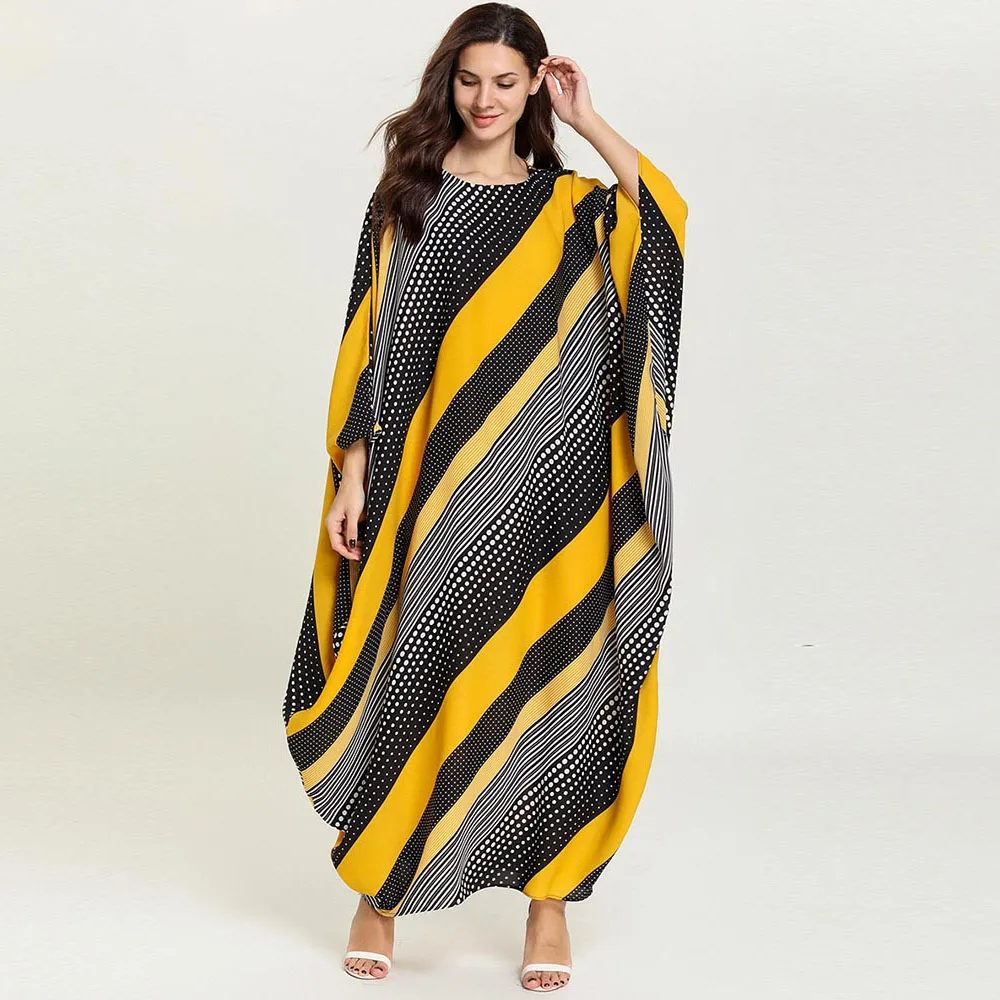 

Fall Batwing Sleeve Straight Ankle-Length Pullover Middle Eastern Women's Muslim Robes Fashion Leisure Stripe Long Dresses