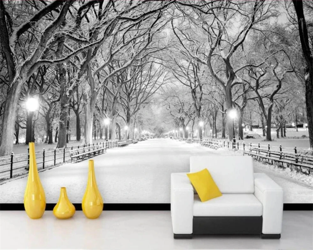 Customized photo wallpaper wall sticker Black and white wood road snow TV setting wall painting photo wallpaper for 3d прихожая snow wood