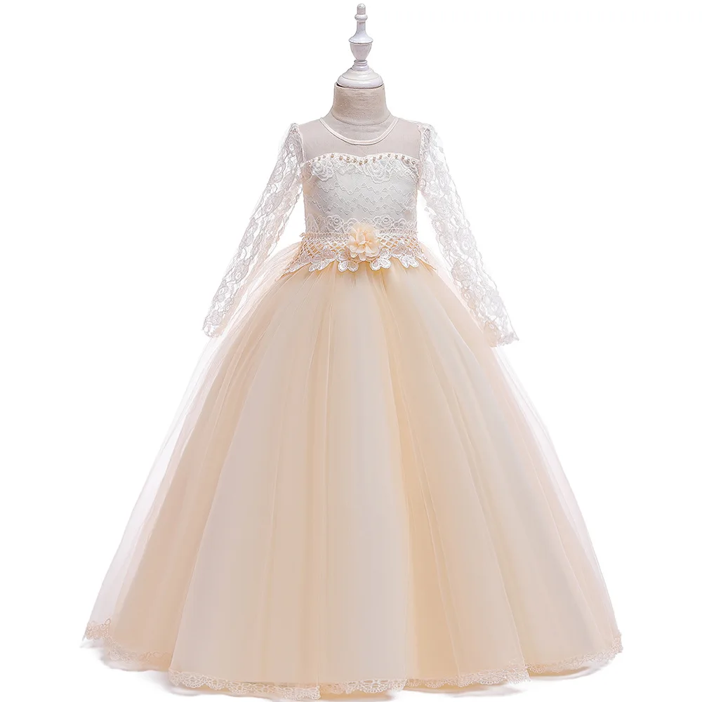 Свадебные Детские Макси-платья для девочек; винтажное торжественное платье с длинными рукавами для маленьких девочек; vestido; платье-пачка принцессы с цветочным узором для девочек; вечернее платье - Цвет: Champagne