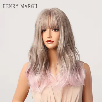 

HENRY MARGU Light Pink Ombre Wave Wigs With Bangs Long Natural Synthetic Wigs Layered Heat Resistant Hair Cosplay Daily Wigs