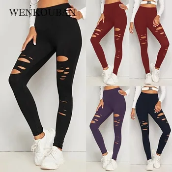 

High Waist Fitness Leggings Female Sexy Trousers Fashion Hole Casual Training Bodybuilding Jeggings Solid Color Leggins Mujer
