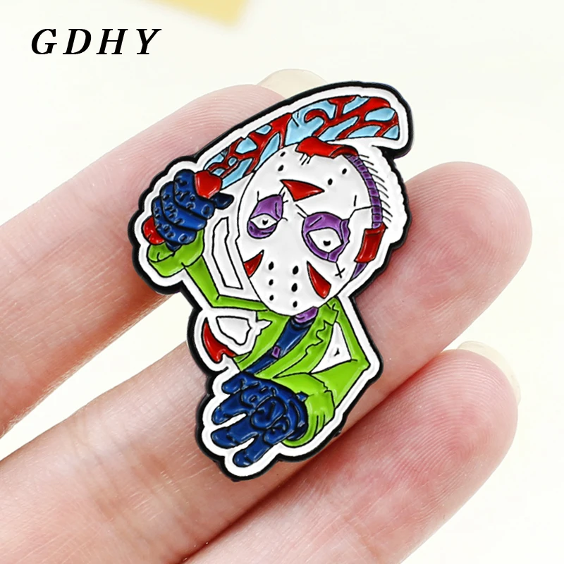 

GDHY Horror Movie Mask Killer Jason Voorhees Brooch Enamel Pins Black Friday Card the 13th Slasher killer Halloween jewelry Gift
