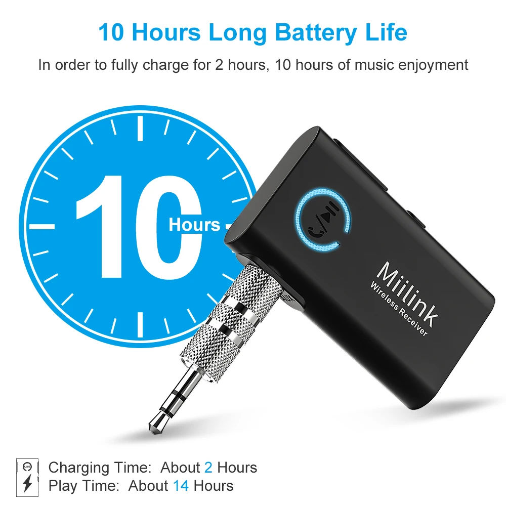 1Mii ML100 Bluetooth 5 0 Receiver car with Mic Long Battery 3 5mm AUX Jack aux bluetooth adapter for car headphone speaker