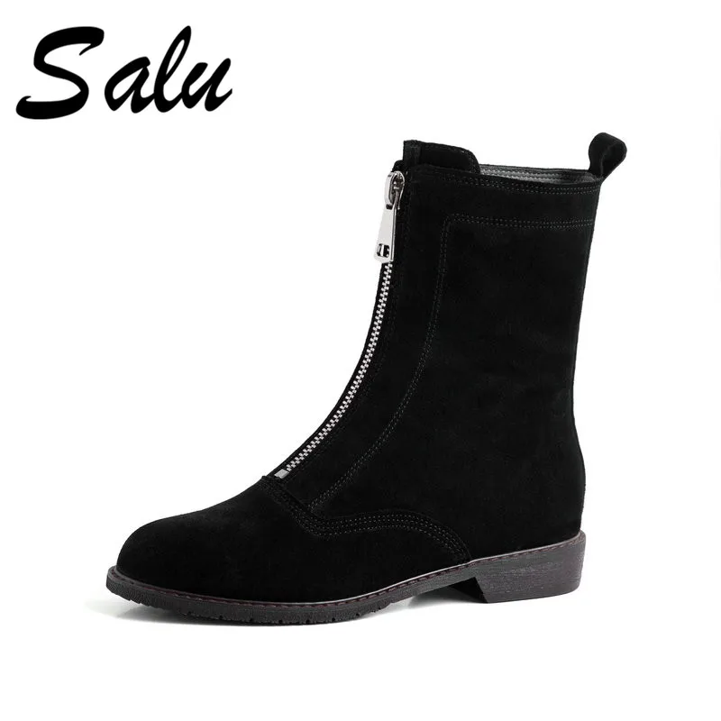 

Salu Fashion Elegant Round Toe Square Heels Slip on Women Mid-calf Boots Solid Cow Suede Leather Chelsea Boots Party Shoes
