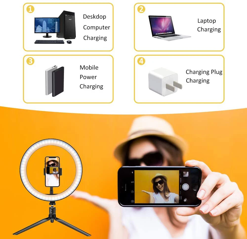 Anel de Luz Lâmpada com Tripé para Maquiagem Fotografia Iluminação Regulável Selfie Rgb Youtube Tiktok Telefone Câmera Vídeo 10 Led 26cm - Image 3
