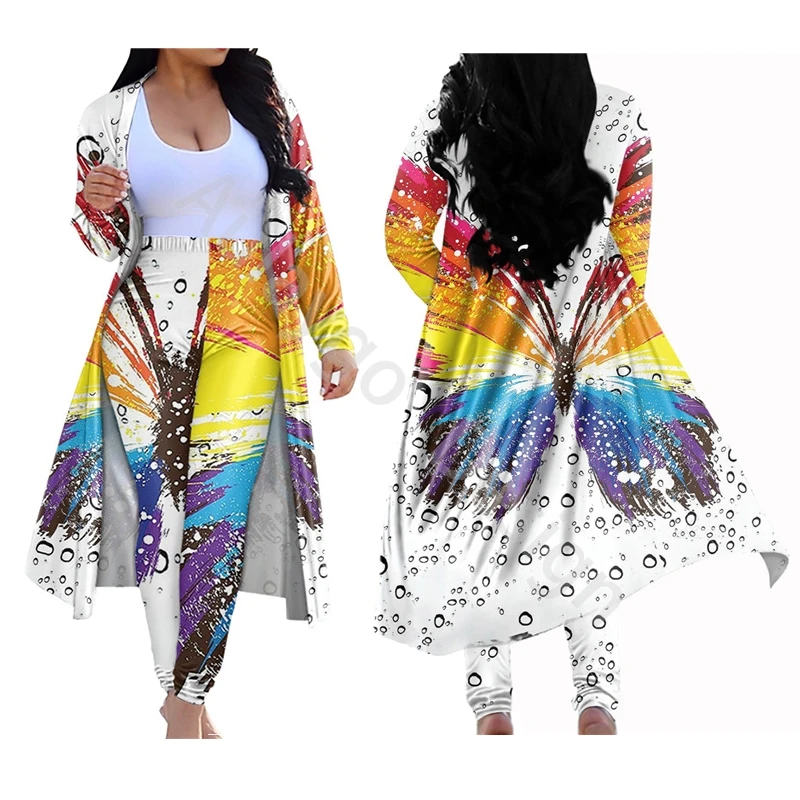 

Butterflies Pattern Club Outfits For Women Long Coat And Slim Leggings Custom Ladies Spring Autumn 2 Piece Set Conjunto Mujer