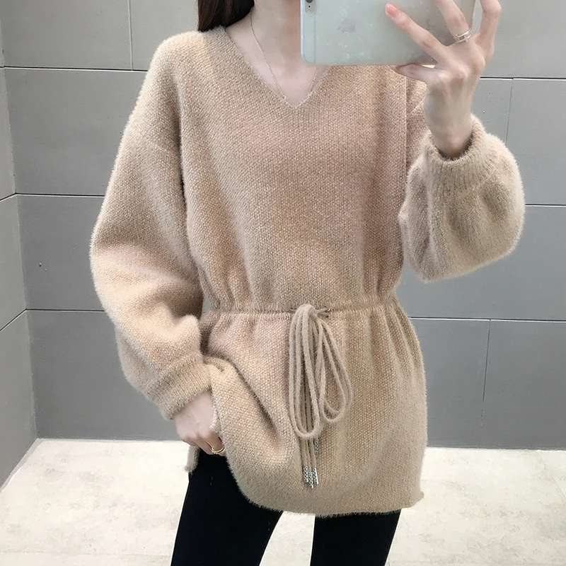 Mink like V-neck new waist sweater in winter women's fashion bottoming sweater-jd55 - Цвет: khaki