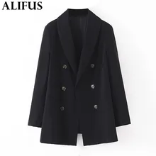 Мода Za женский черный элегантный Длинный блейзер двубортный офисный женский формальный пиджак с длинным рукавом Женская шикарная верхняя одежда