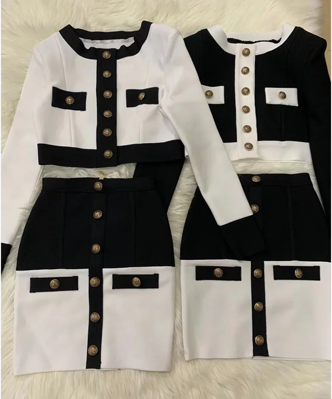2021 New High Street Summer Patchwork 2 Two-Piece Set O-Neck Long Sleeve Pocket Button Mini Bandage Dress Female Short Set 4