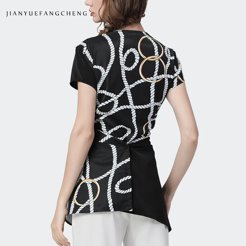 Fashionable Thin Female Shirt Spliced Printed Slim V-Neck Ladies Top Short Sleeved Temperament Elegant Women Summer Blouses New 3