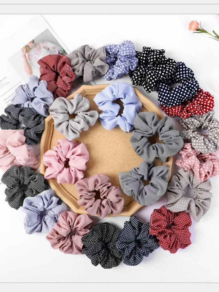 

1PC Vintage Scrunchie Stretch Headband Dot Plaid Scrunchies Women Elastic Hair Bands Girls Hair Ties Striped Hair Accessories