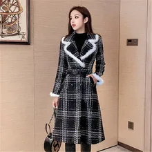 Зимняя мода неделя шаблон женское твидовое пальто мода средней длины пункт решетки двубортный пояс Тонкий Пальто