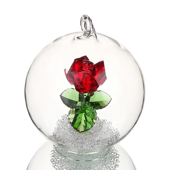 

H&D Crystal Rose Flower Figurine In a Glass Dome Christmas Hanging Ornament Valentine's Day Gift Home Decor Xmas Gift Souvenir