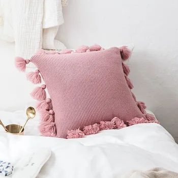 

NEW Cute Cushion Cover Brief Soft Pure Color Knitted Pillow Case Lantern Sweet Ball Tassels Zipper Home Decoration