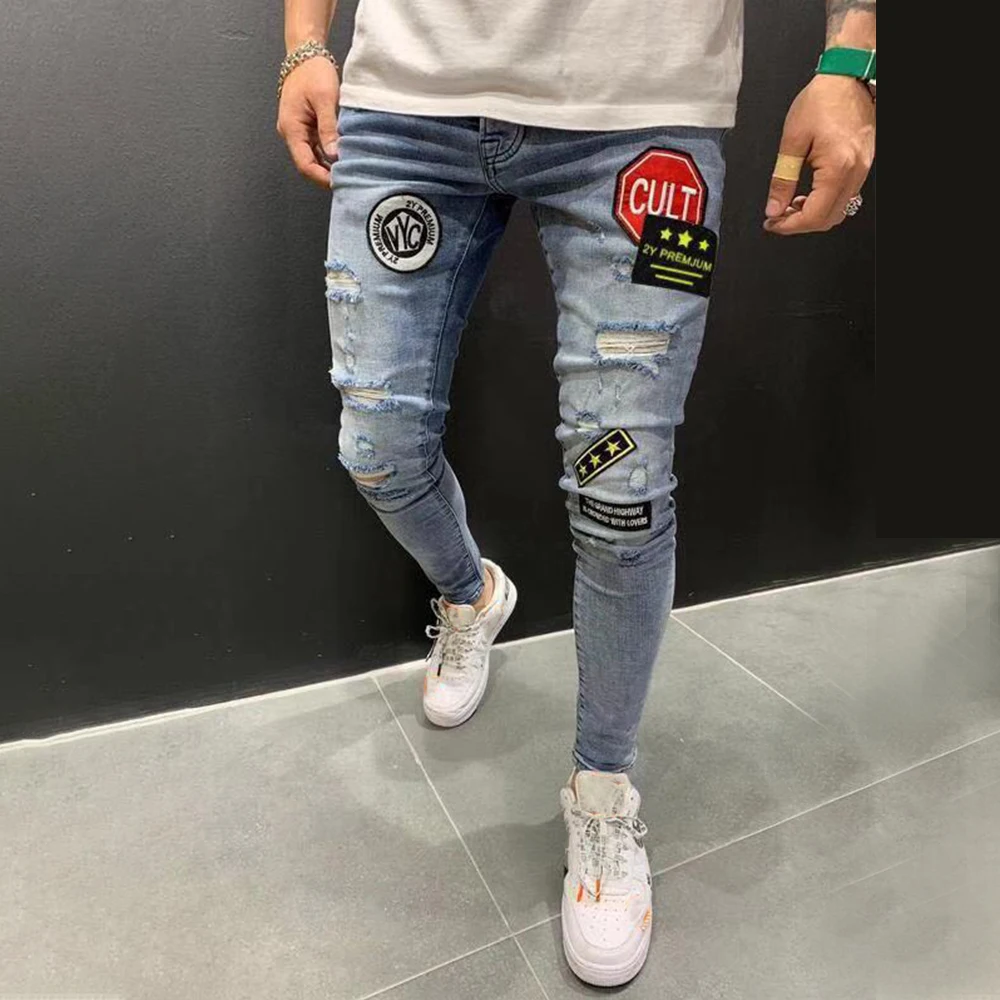 Skinny Jeans Men Stars Patches Vintage Denim Trousers Hole Ripped Jeans for Mens Streetwear Hip Hop Male Pencil Pants jean D25