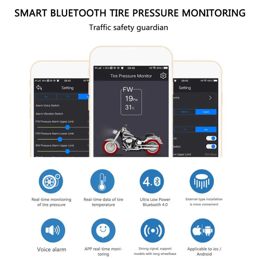 GIORDON система контроля давления в шинах для мотоциклов TPMS Беспроводная Bluetooth APP Presion Neumaticos Automovil 2 внешние датчики
