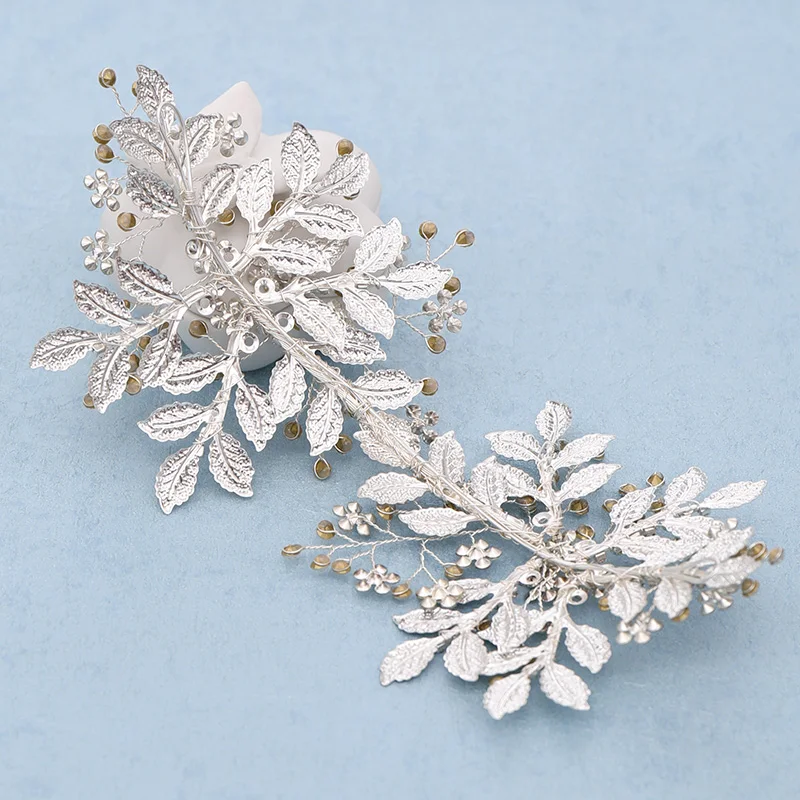 Silver Leaf Rhinestone Flower Bridal Headband Wedding Hair Jewelry Bride Tiara Headband For Women's Accessories Headwear