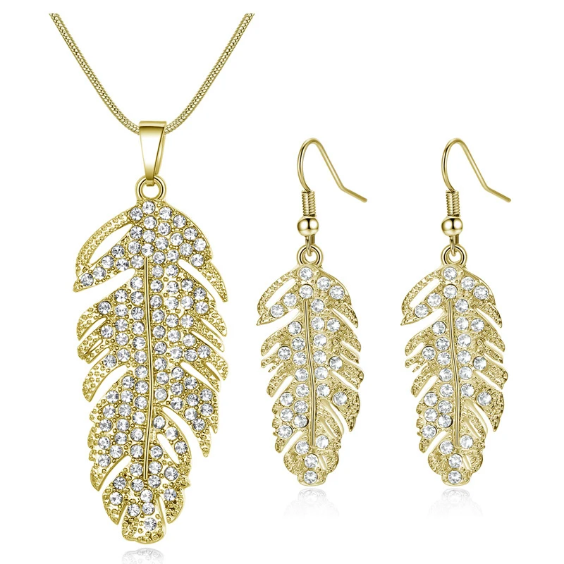 

1 Sets Feather Shape Setting Rhinestone Necklace Earrings Sets Silver Gold Color Copper Material Party Jewelry Sets for Women
