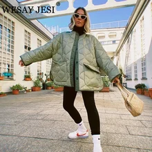 WESAY JESI ZA Women's Loose Jackets TRAF Autumn Winter Long Sleeve Round Neck Thin Parka Oversize Coats Outwear Cotton Clothing