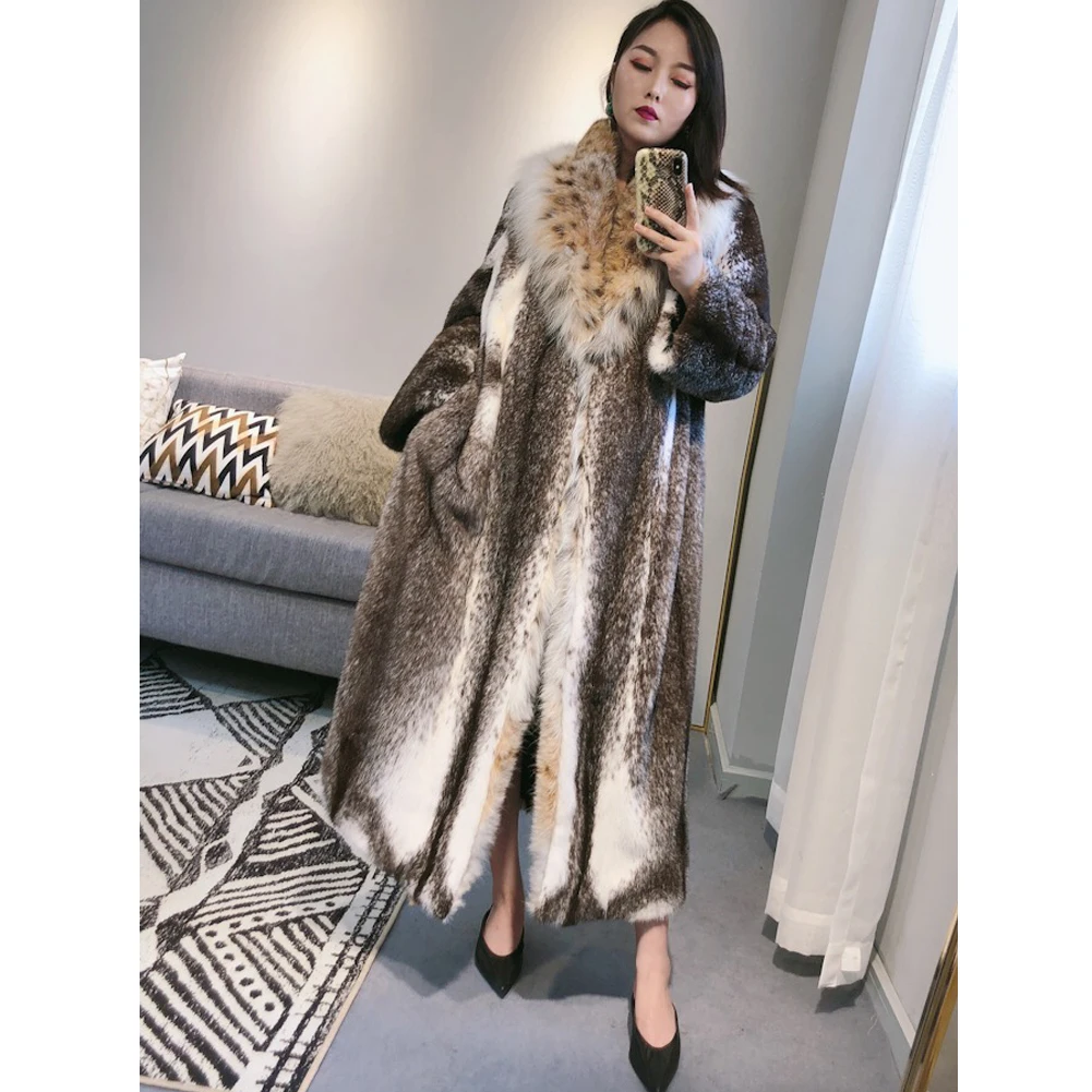 Новое импортное женское Норковое Пальто с мехом Bobcat большой воротник модное длинное пальто с мехом женские зимние пальто