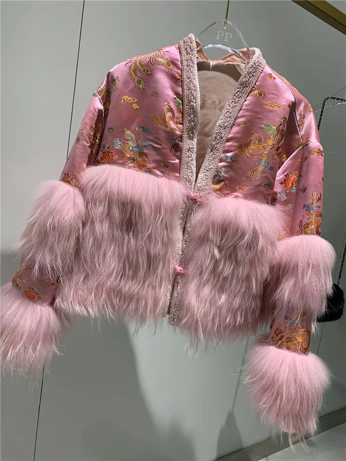 Женская шуба из натурального Лисьего меха в китайском стиле, Милая Розовая Атласная женская меховая куртка, короткое пальто