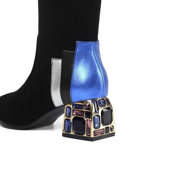 Женские Сапоги выше колена; зимние облегающие высокие сапоги на высоком каблуке 5,5 см; женские сапоги до бедра; женские сапоги с украшением в виде кристаллов