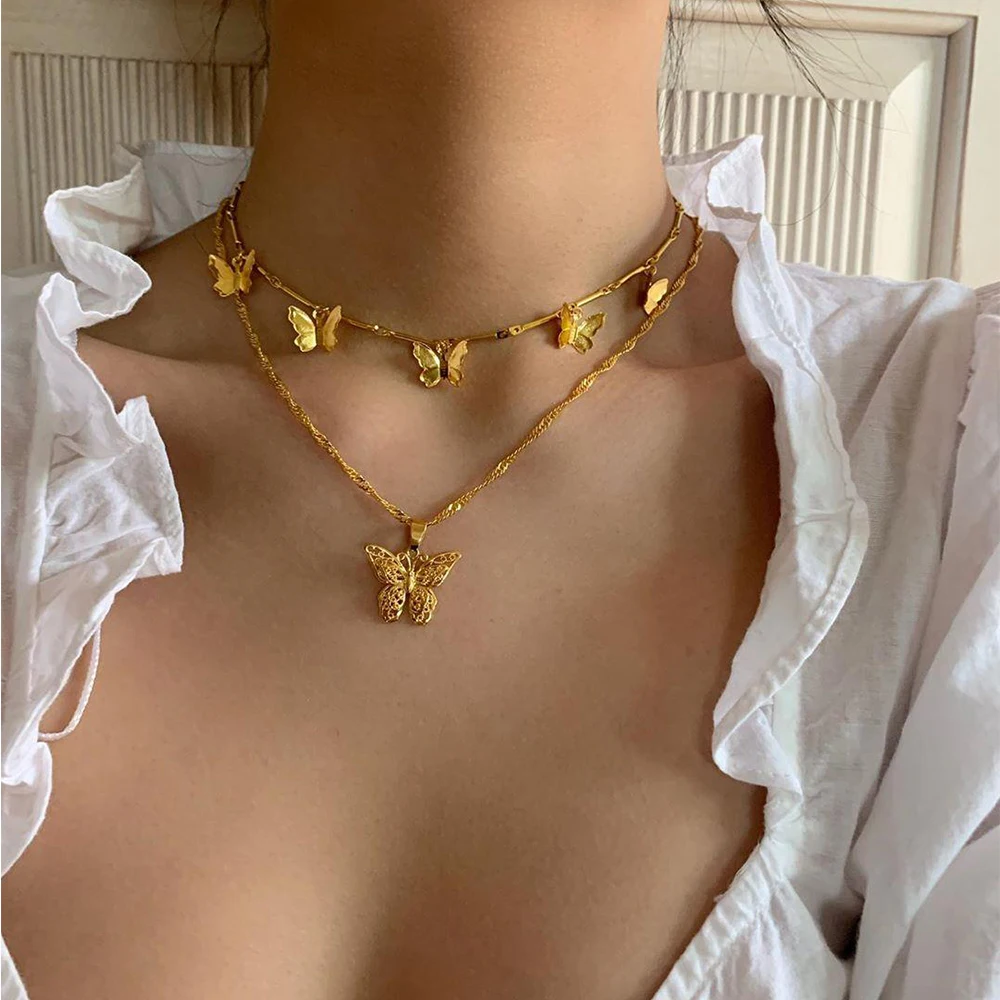 

Fashion Women Necklaces Hollow Butterfly Pendant Bamboo Clavicle Chain Multilayer Gold Necklace Set Boho Valentine Jewelry Gift