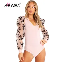 ADEWEL Black Long Floral Puff Sleeve Women Mesh Bodysuit Print Slim Fit Tight Sexy V-neck Bodysuit Overalls for Women body mujer