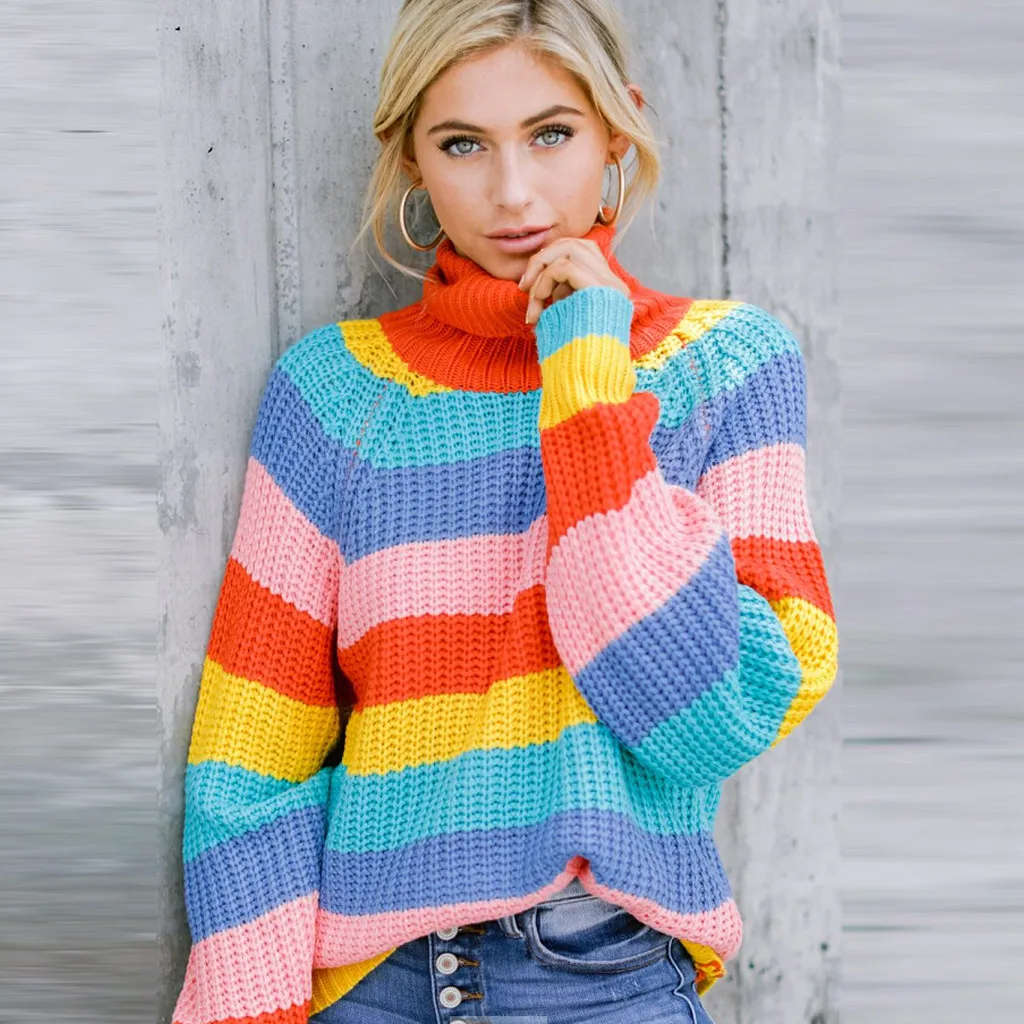 

KHALEE YOSE Rainbow Knitted Sweater Stripe Turtleneck Pullovers Colorful Oversized Autumn Winter Boho Sweaters Womens Jumpers