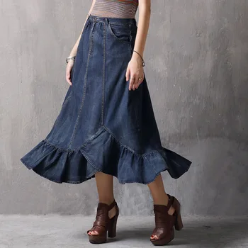 

100% Cotton Skirts 2020 Summer Vintage Blue Ruffles Mermaid Denim Skirt High Waist Zipper Ladies Casual Mid-calf Jean Skirt