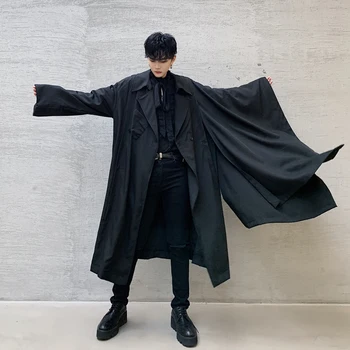 

Men Japan Loose Asymmetry Sleeve Trench Coat Outerwear Male Fashion Show Vintage Casual Long Jacket Overcoat Stage Clothing
