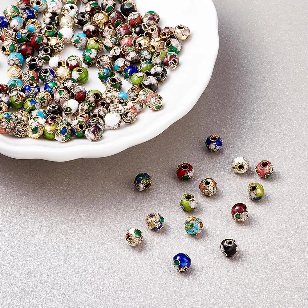 200Pcs 6mm Mixed Color Handmade Cloisonne Beads Brass Metal Round Beads for Jewelry Making DIY Bracelet Necklace Findings