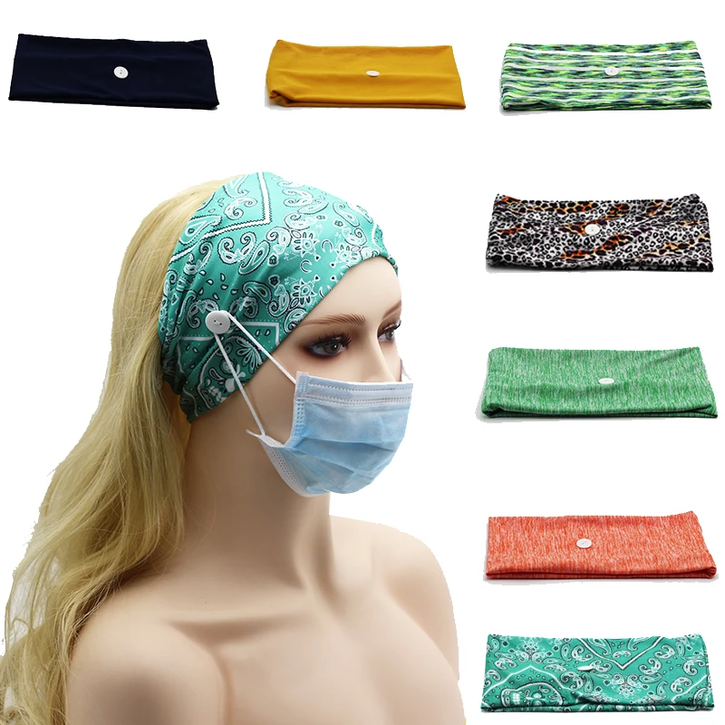 

Unisex Flower Printting Broadside Hairbands Workout Yoga Sports Elastic Headband With Buttons For Nurse Doctors Hair Accessories
