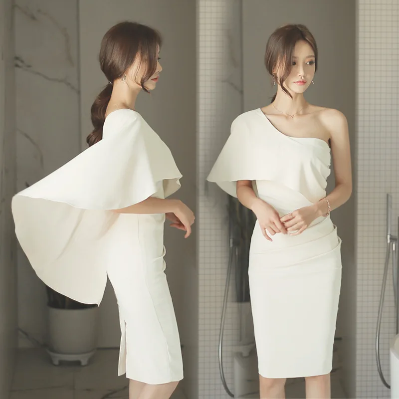 

Dress 2019 Autumn Clothing New Style Debutante off-Shoulder Banquet Dress Sloping Shoulder Bat Sleeve Annual General Meeting Eve