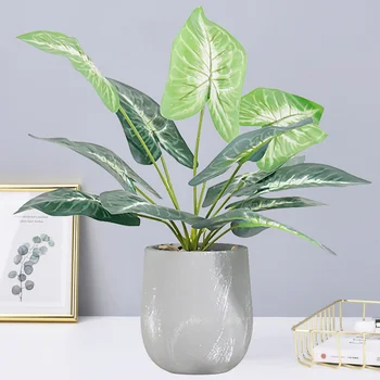 

1pc Artificial Bonsai Simulation Plant Potted Taro Leaves Cement Pot TV Cabinet Desktop Decoration