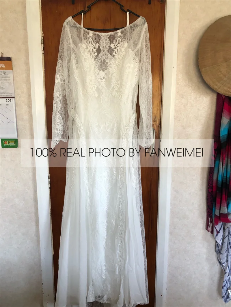 wedding gown Factory Price 100 % Real Sample Photo Long Sleeve Backless O-Neck Lace Boho Bohemian  Beach Wedding Dress Bridal Gown wedding gown