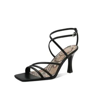 

Genuine Leather Women's Sandals Black Buckle Fashion Elegant Party Shoes Shallow Thin High Heel Style Sandals