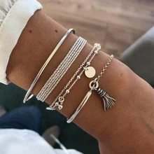 Pulseras simples para mujer, cadena multicapa de disco con borla, colgante de plata, conjunto de pulseras, accesorios de joyería para fiestas de baile