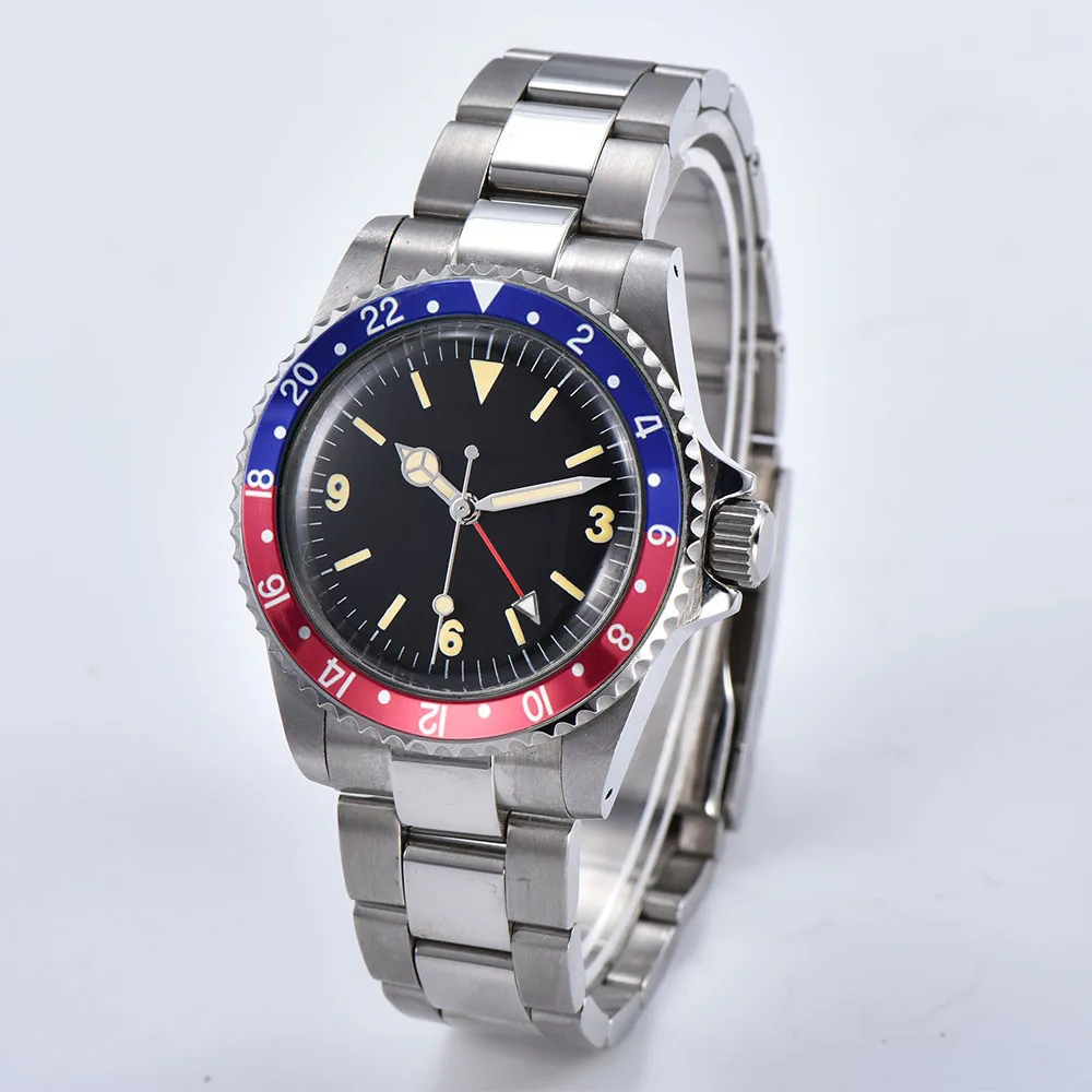 Watch GMT Men's Automatic Luminous Hand Steel Shell Movement 40mm Red Blue Aluminum Bezel Brushed Bracelet 1021