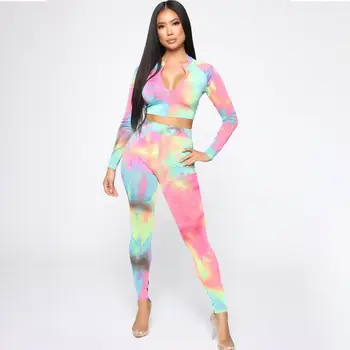 

Women Colorful Tie Dye Autumn Clothes 2PCS Sets Gym Sports Tracksuit High Neck Long Sleeve Crop Top + High Waist Long Pants Suit