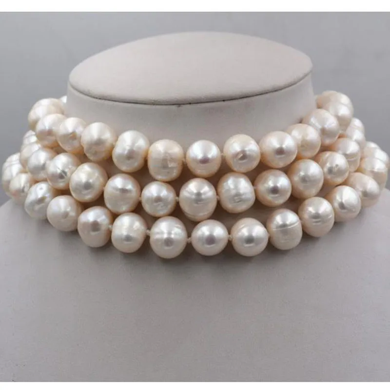 

New 3 ROWS 9-10MM GENUINE WHITE AKOYA PEARL NECKLACE 17-19inch jj