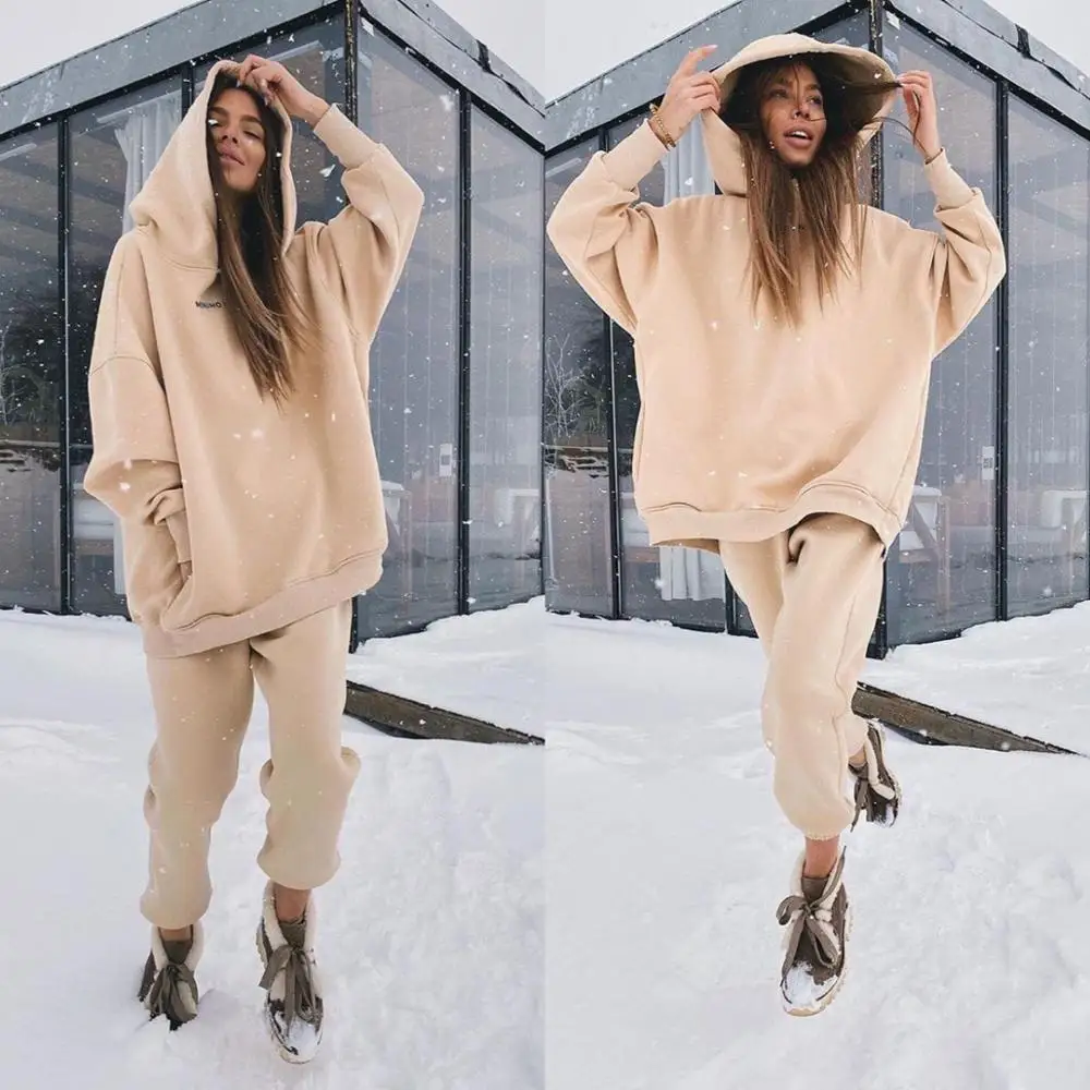 

Women's Warm Winter Two Pieces Tracksuit Oversized Sweatshirt Hoodies Chandal Ropa De Mujer Sports Jogging Suits Female Sets