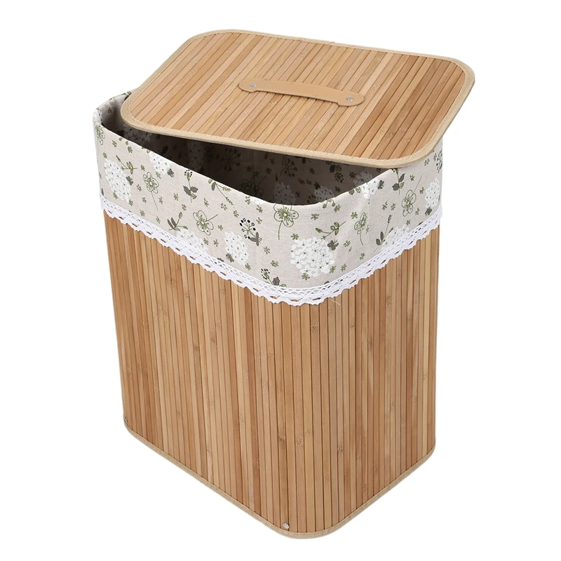 Bamboo Laundry Hamper Portable, Dirty Clothes Storage Basket with Lid and Removable Liner, Large Storage Clothes Bin, Suitable f