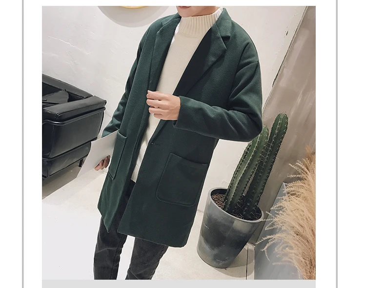 Autumn Winter Warm Fashion Loose Casual Wool Blend Mens Coat Korean Style Solid Color Man Jacket Pockets Korean Male Coat
